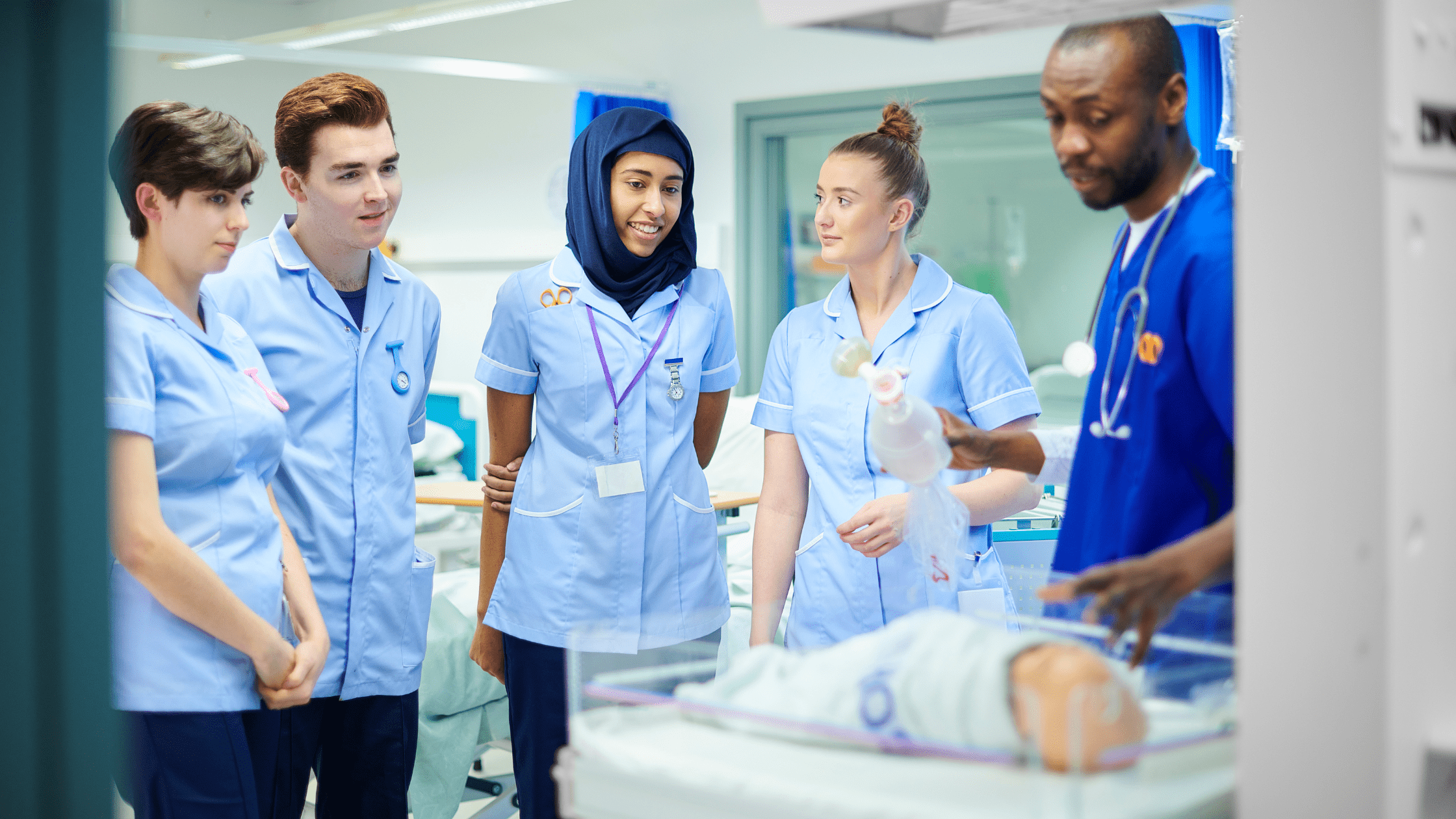 A group of medical students in a hospital completing their clinical rotation.